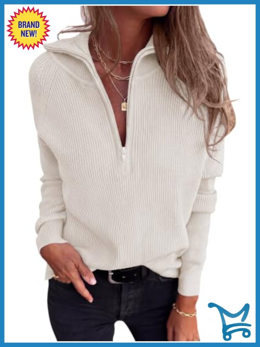 Quarter Zip Pullover Sweater Ribbed Knit Long Sleeve V Neck Womens